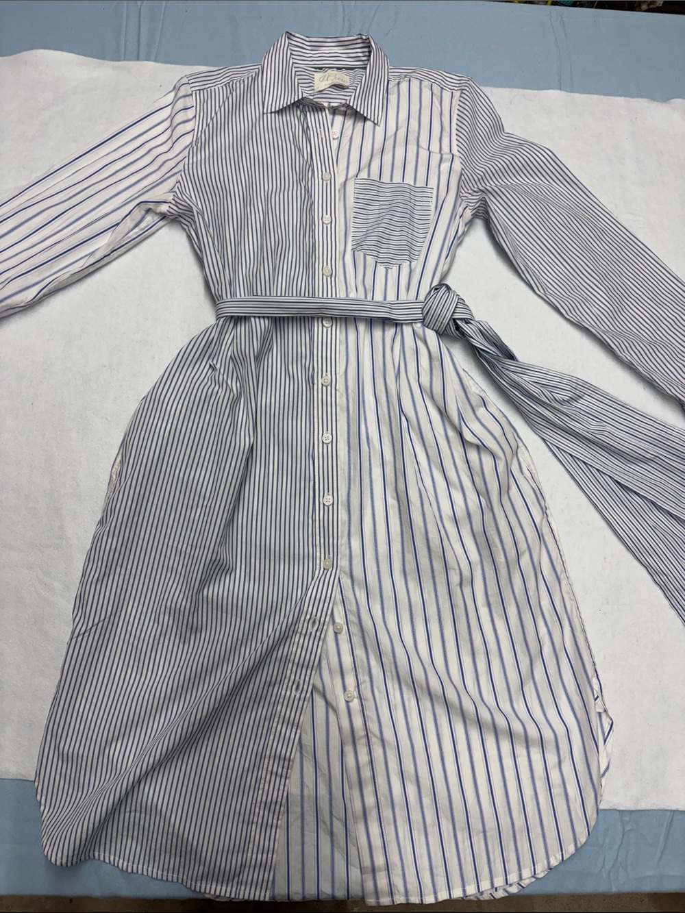 J. Crew Blue and White Striped Long-Sleeve Shirt Dress